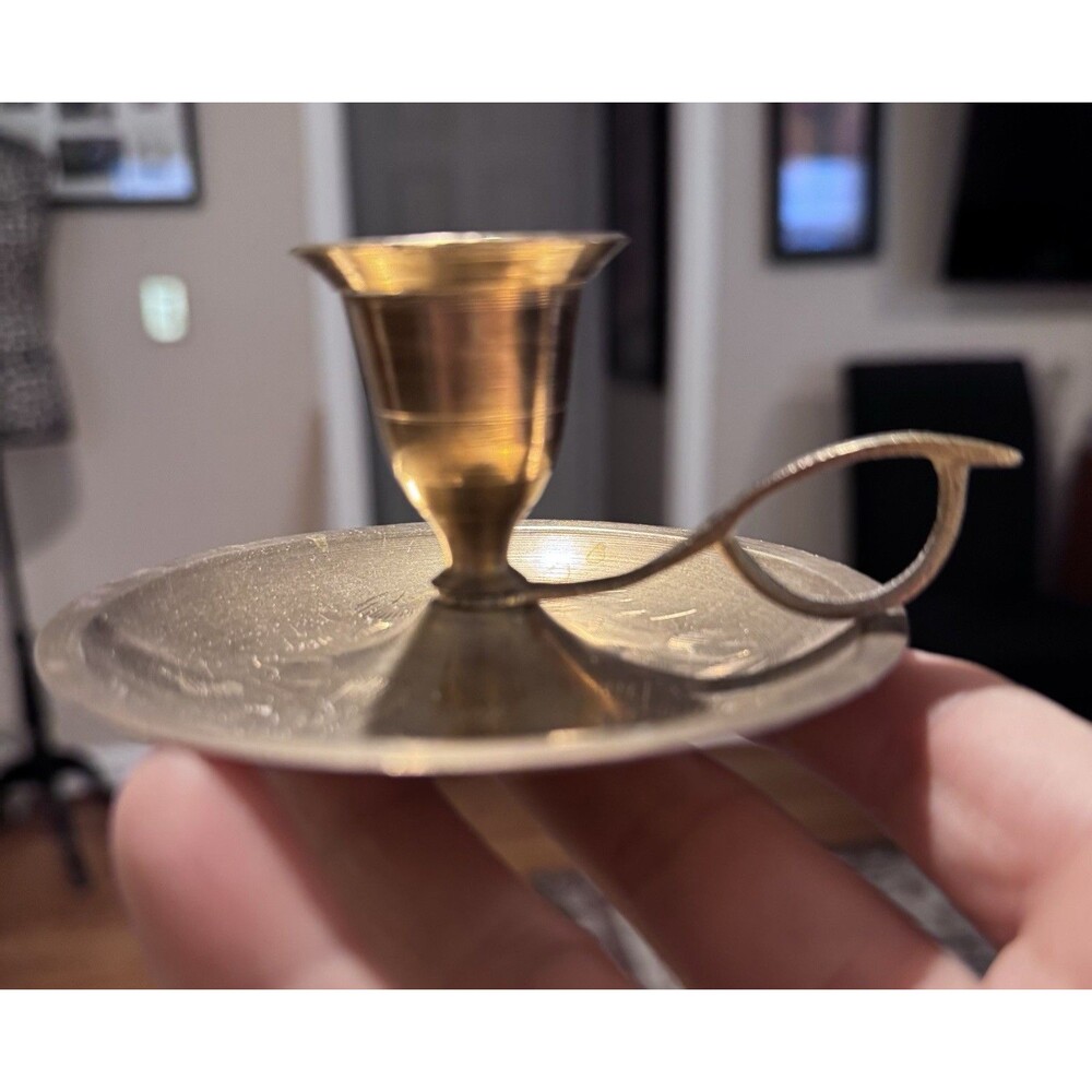 Antique Brass Chamber Stick Candle Holder Vintage MCM Etched Traditional